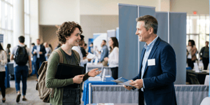 Recruiter speaking to candidate at IT career fair.