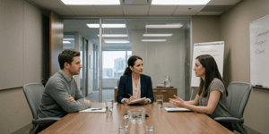 Conflict resolution in the workplace. (Three people)