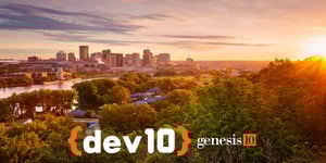 saint paul minnesota cityscape layered under dev10 logo and genesis10 logo bottom center