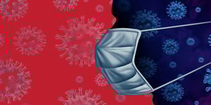 Blue silhouette of face with mask on-layered over red background with bacteria 