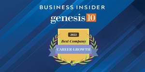 Blue textured background layered under Business insider logo-genesis10 logo- 2022 Best Company for Career Growth award logo