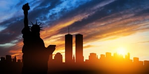 Statue of liberty NYC silhouette with sunset