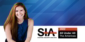 Woman smiling with blue background 40 under 40 list SIA logo