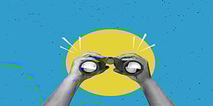 hands holding big binoculars art collage