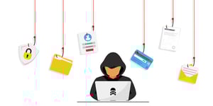 Vector image of scammer on computer with hanging images of files-credit cards-passport