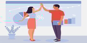 Vector Image of Man and woman in office high fiving in front of charts and graphs