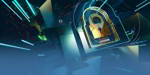 Gold keylock with blue cybersecurity textured background