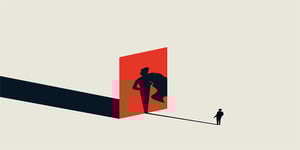 businessman looking his superhero shadow vector