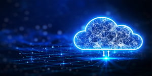 Dark blue and black gradient background with clue cloud outlined in neon blue