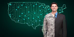 Man smiling with outfit split between professional suit and military uniform with background of United States of America