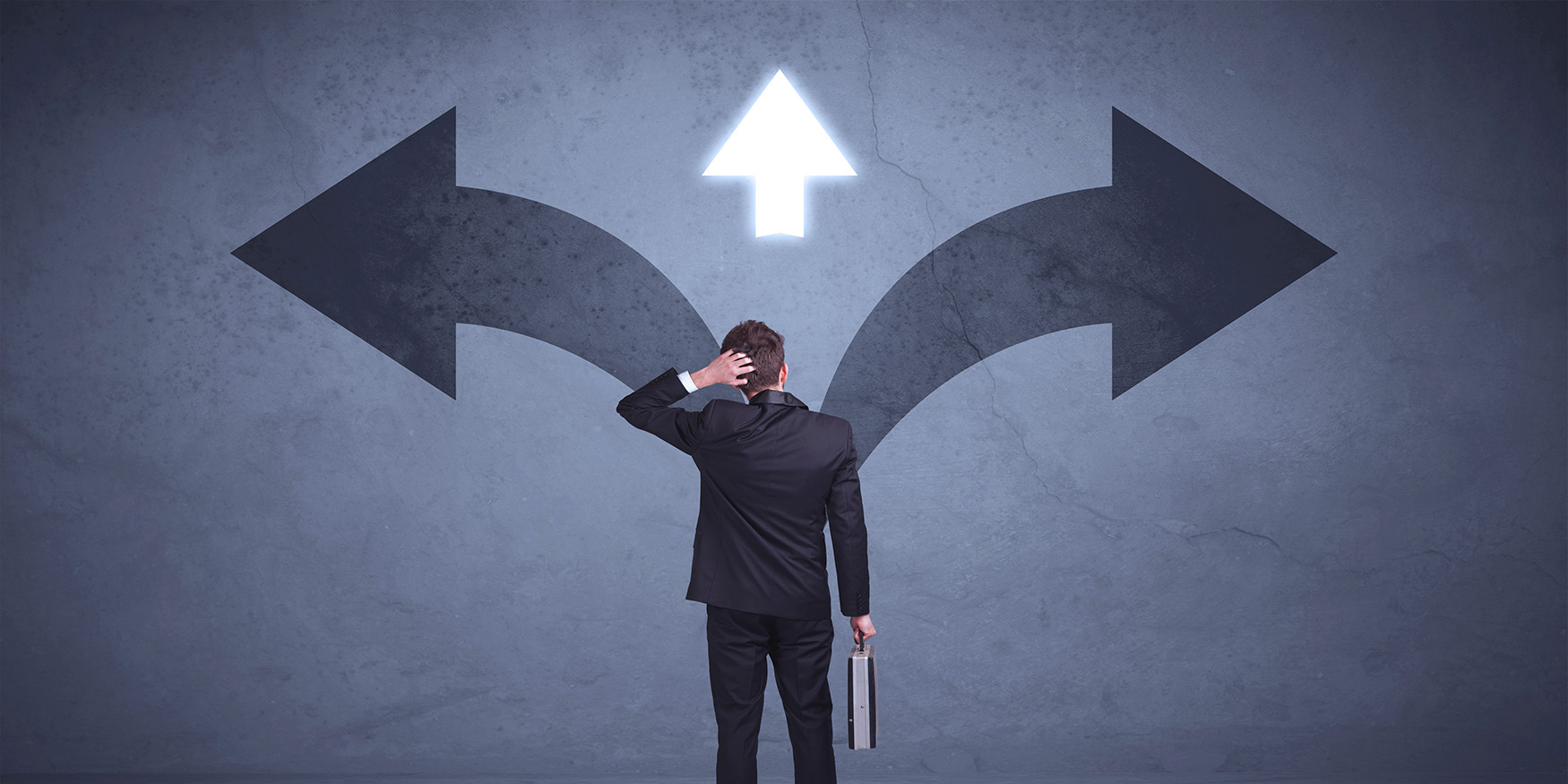 Man standing confused at crossroad Arrow pointing left, down the middle and to the right