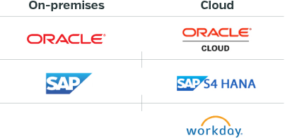 On-Premises Oracle: SAP.  Cloud: Oracle Cloud, SAP S4 HANA, Workday