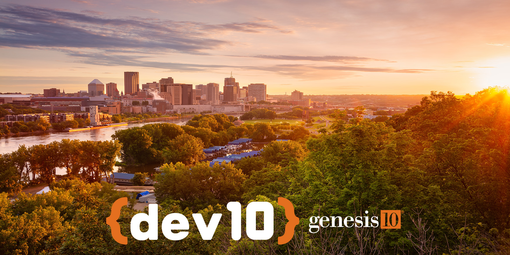 saint paul minnesota cityscape layered under dev10 logo and genesis10 logo bottom center