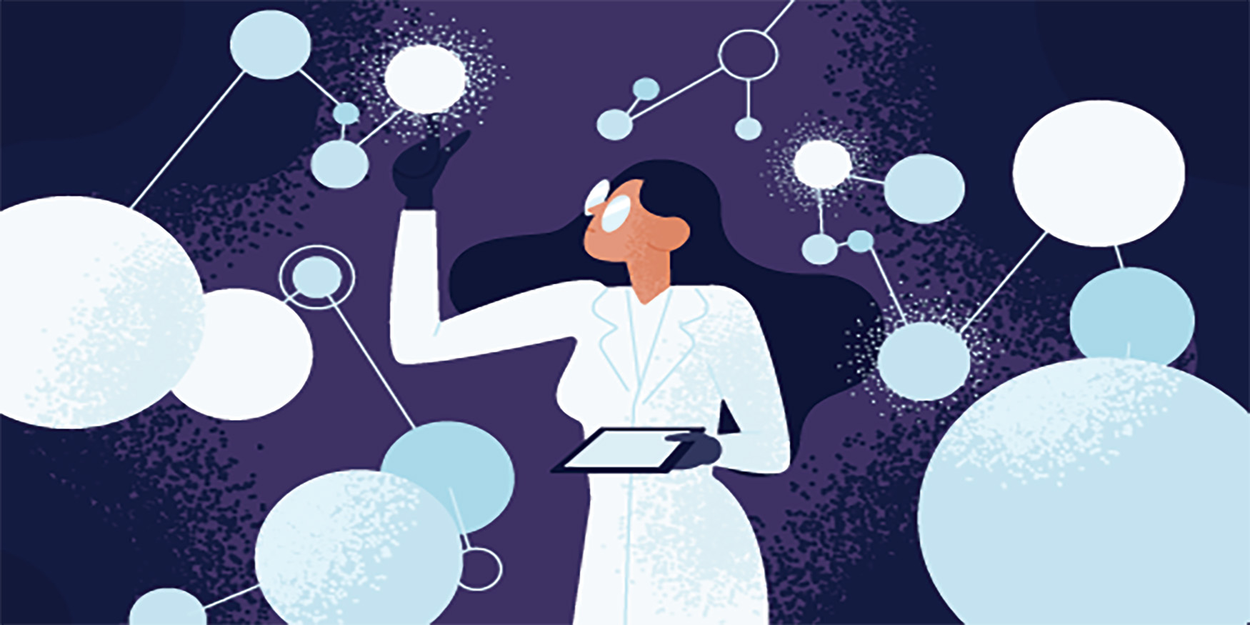 Woman with circular glasses in a lab coat holding an ipad looking blue glowing circles surrounding her-on top of purple background