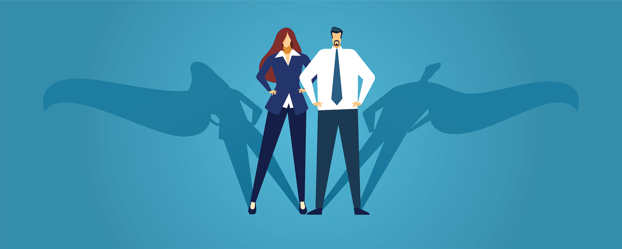 A professionally dressed woman (left) and man (right) stand confidently with hands on their hips. Their shadows, cast behind them, take the shape of superheroes.