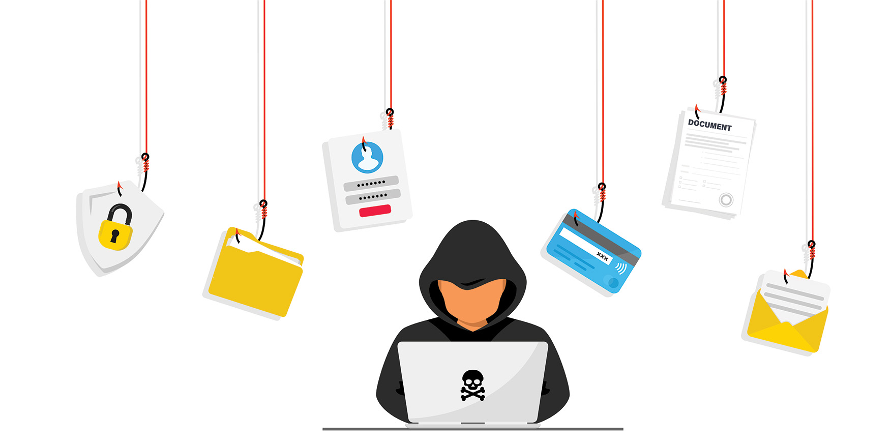 Vector image of scammer on computer with hanging images of files-credit cards-passport