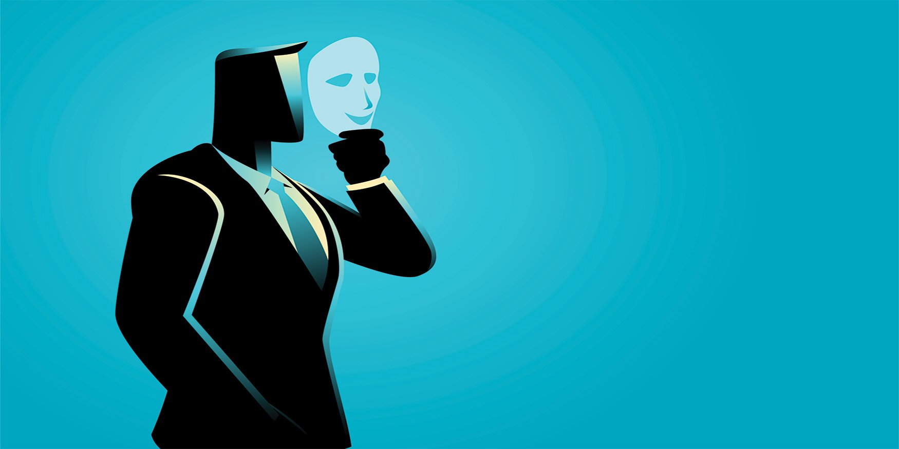 business concept illustration businessman wearing smiling mask over face