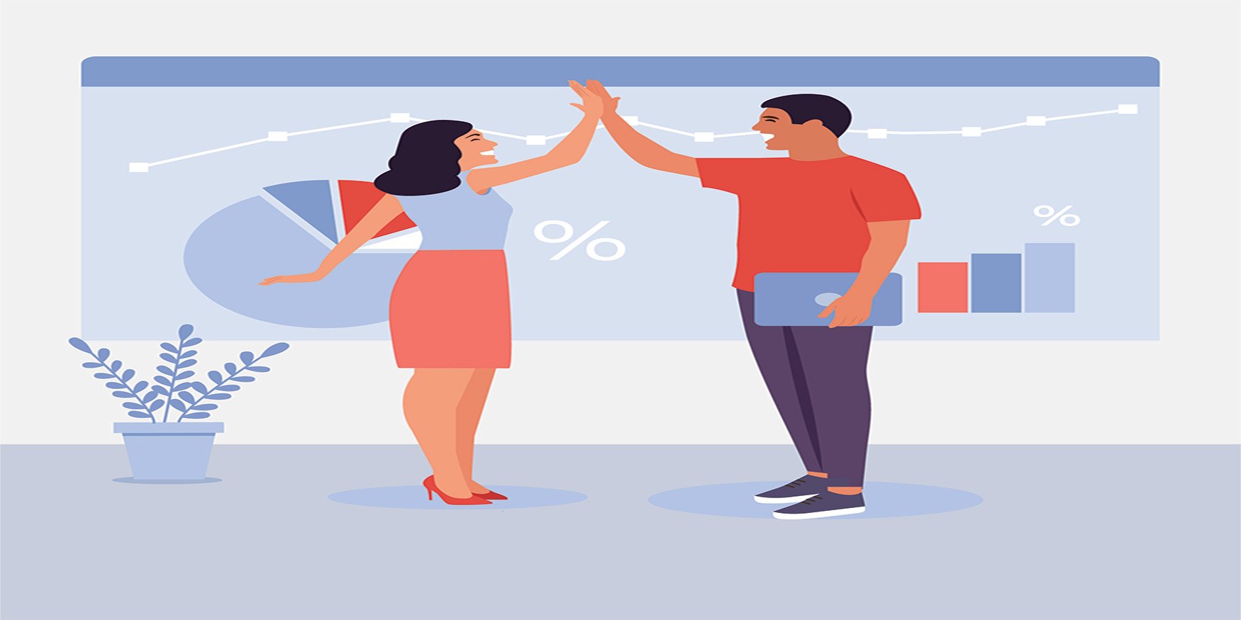 Vector Image of Man and woman in office high fiving in front of charts and graphs