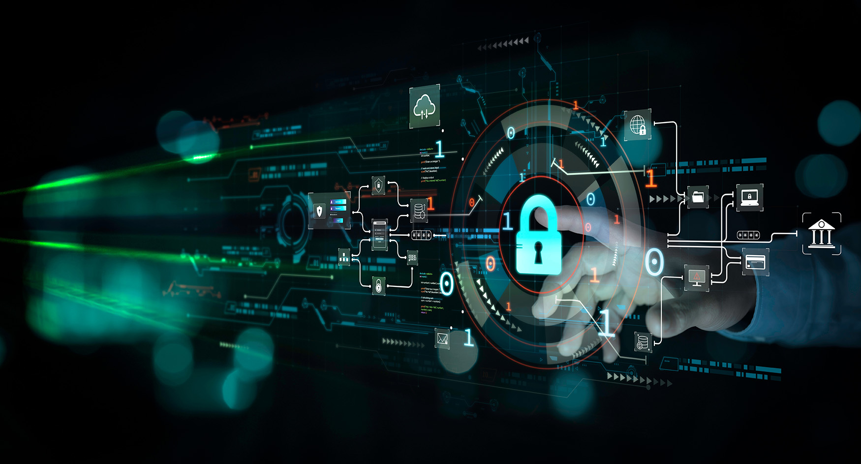 person touches virtual shield representing cybersecurity