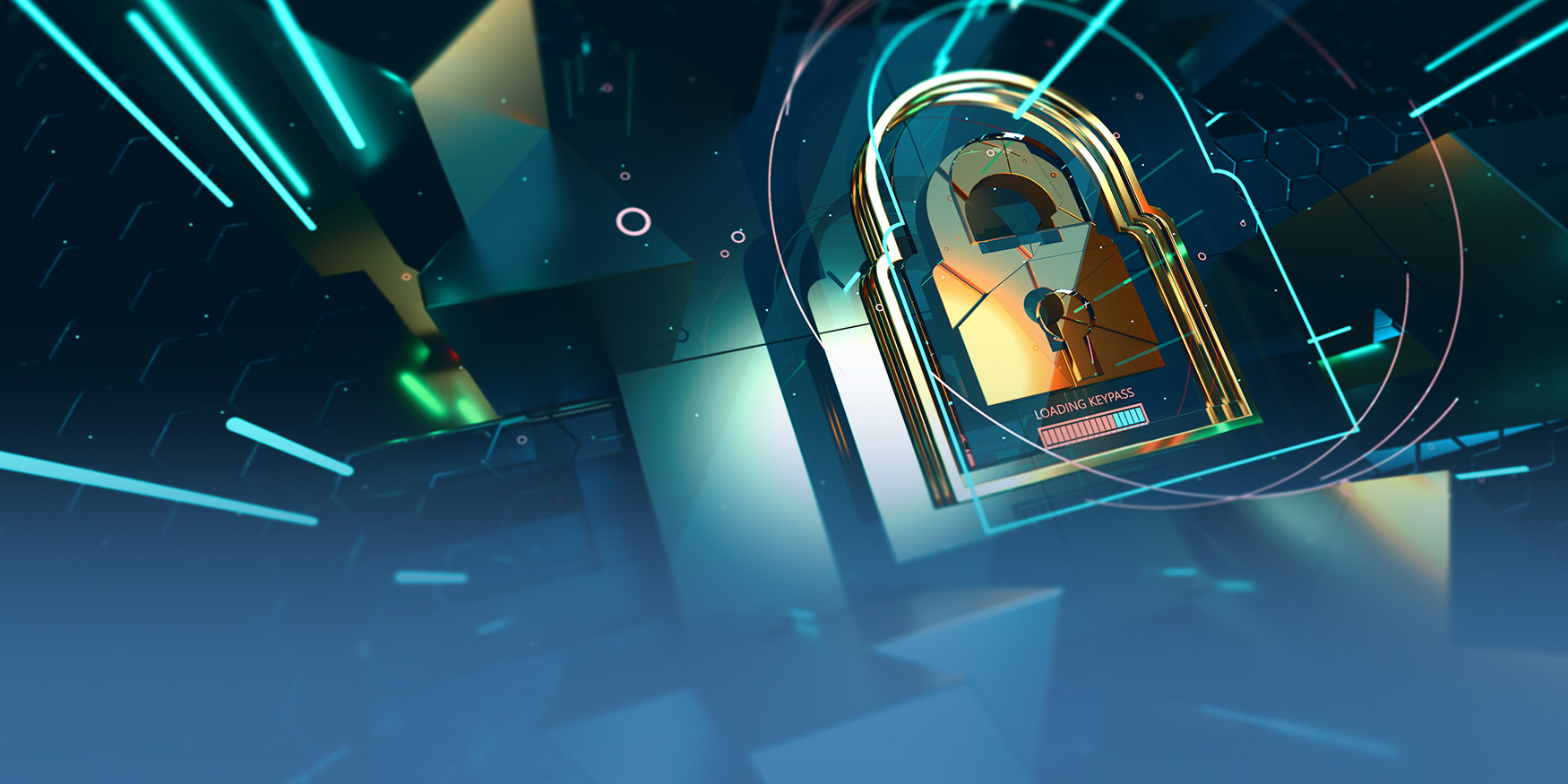 Gold keylock with blue cybersecurity textured background
