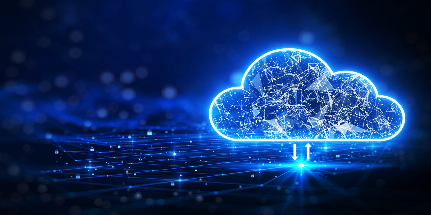 Dark blue and black gradient background with clue cloud outlined in neon blue
