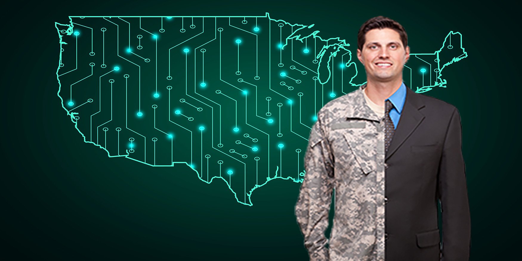 Man smiling with outfit split between professional suit and military uniform with background of United States of America