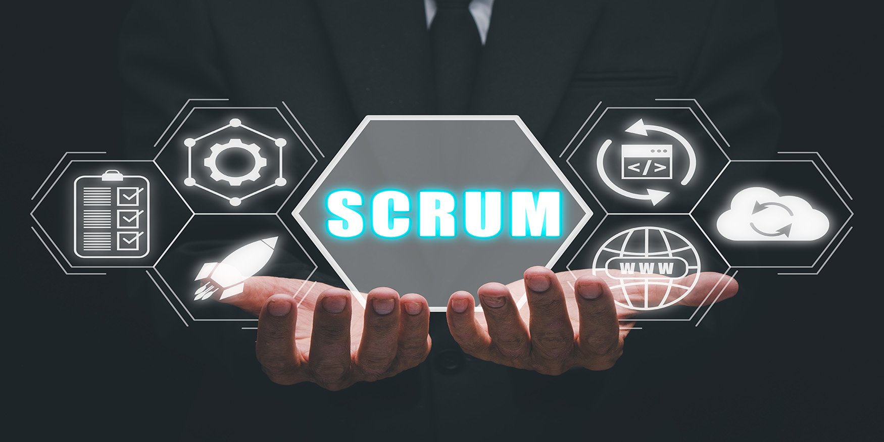 scrum businessman hand holding icon