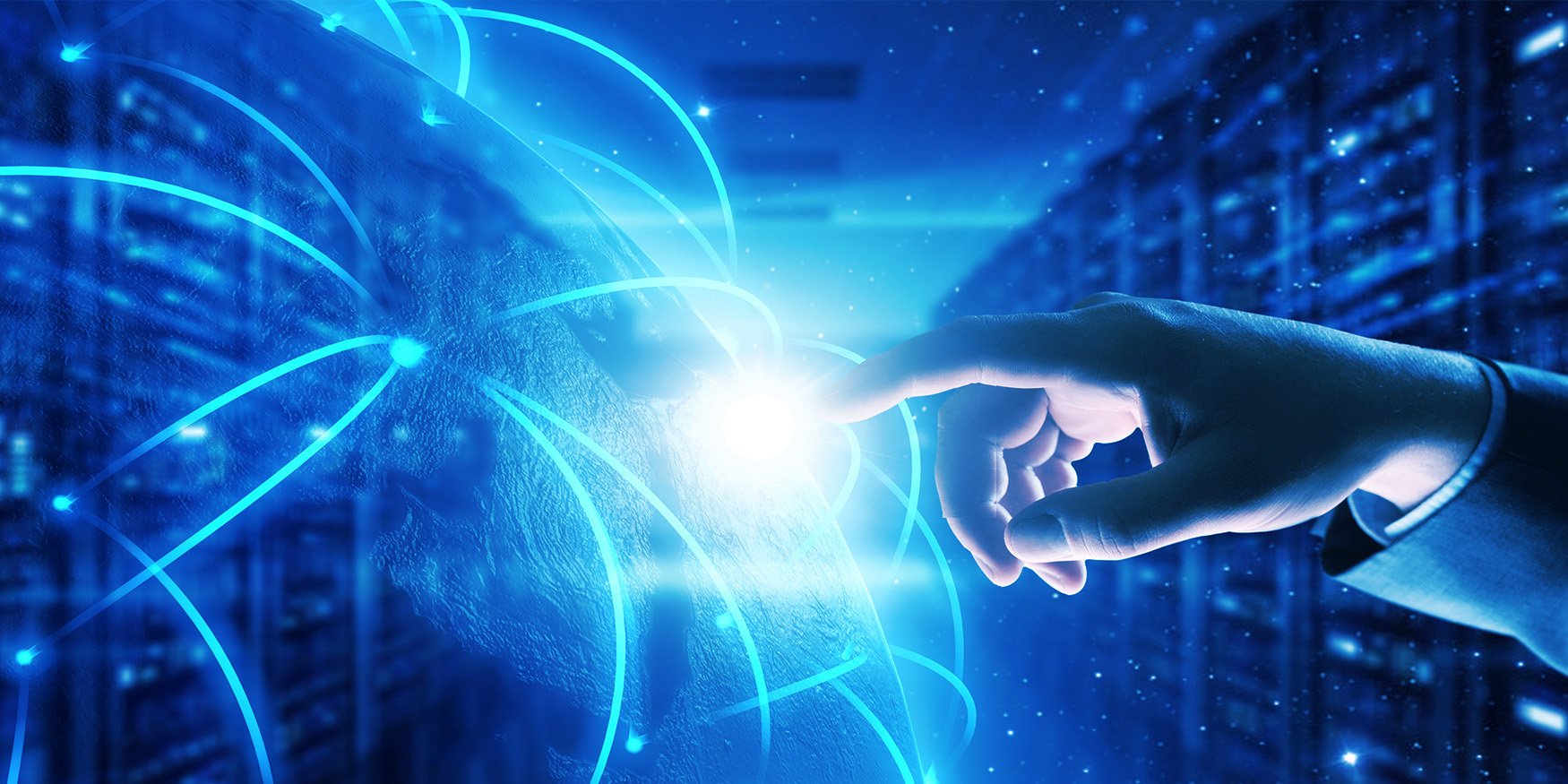 Finger pointing at glowing blue light
