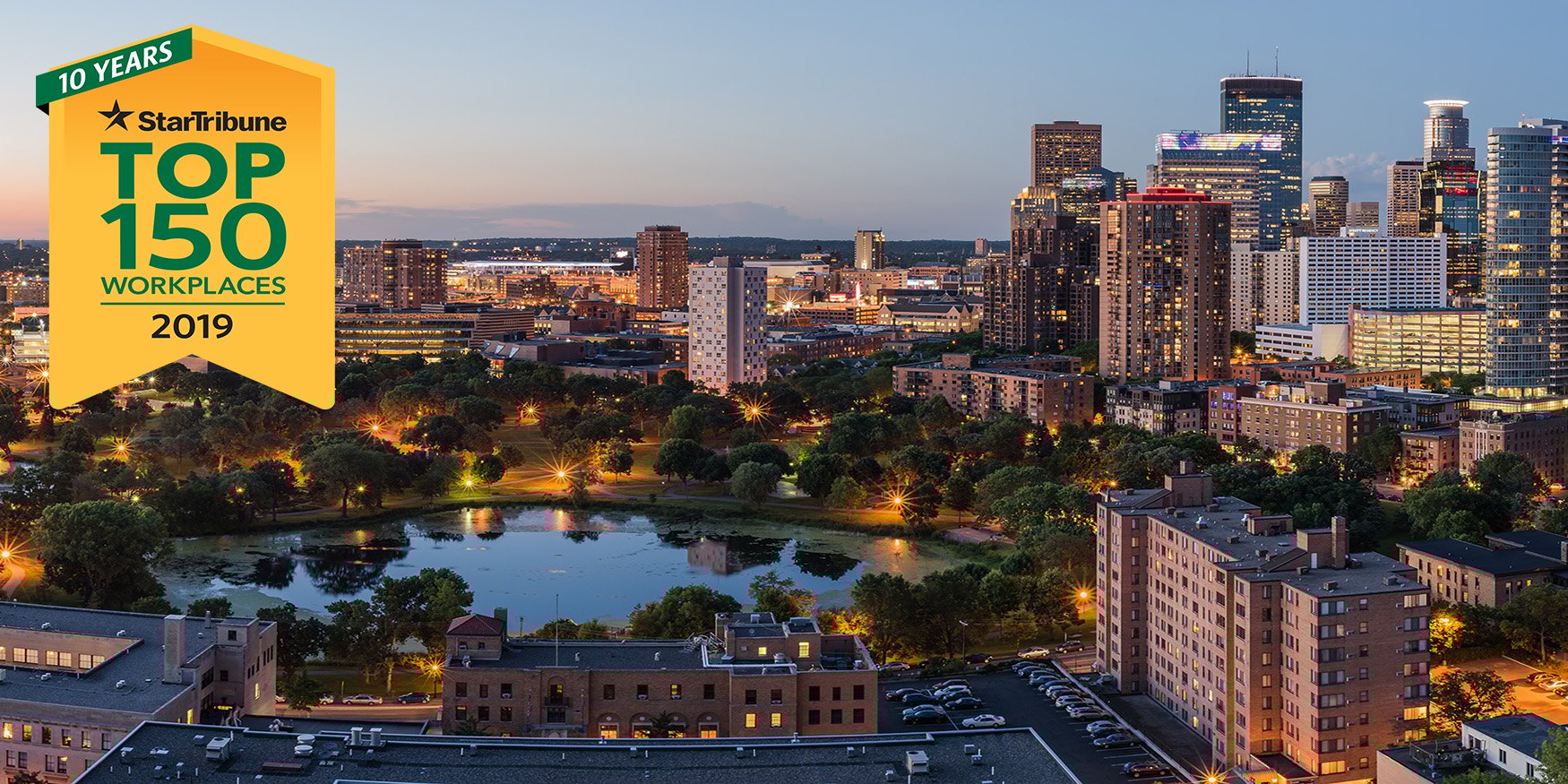 Minnesota landscape with award logo for "Startribune TOP 150 WORKPLACES 2019" 