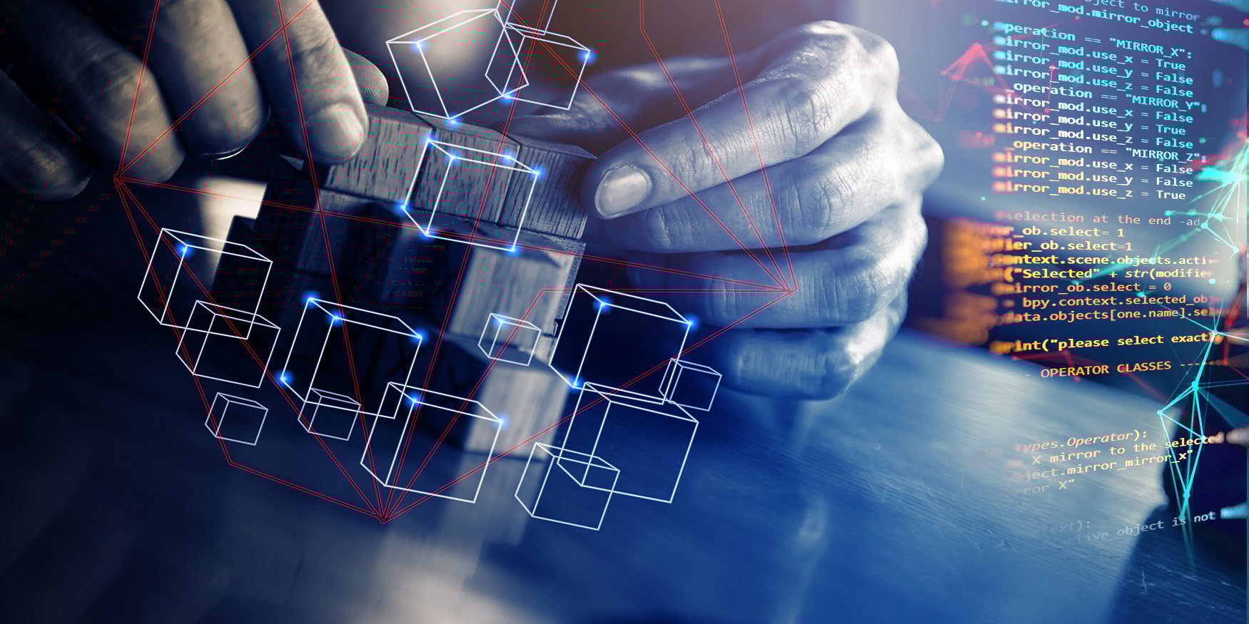 Hands building blocks with code in background all with a transparent blue hue overtop